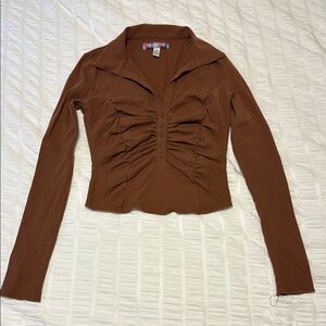 Urban Outfitters Brown Ruched Long Sleeve Blouse